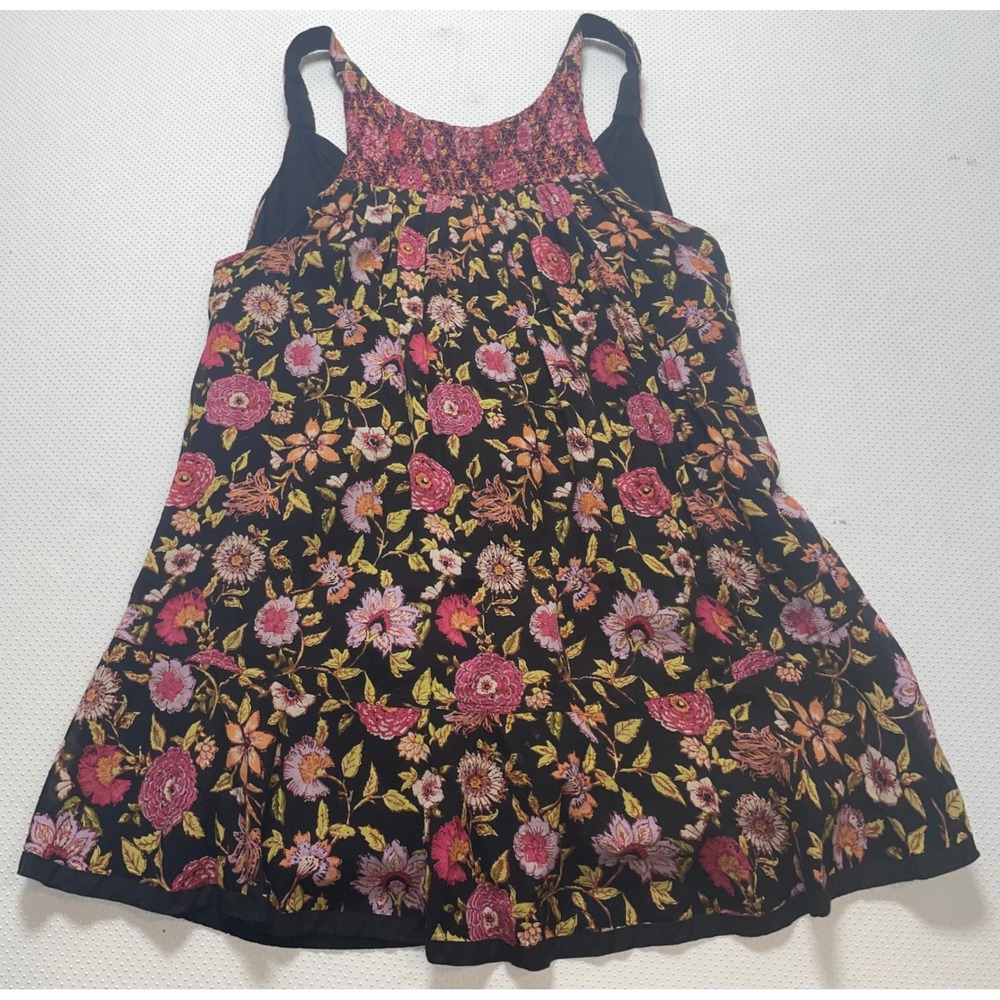 Free People Womens Size M Black Floral Print Tank Top Smocked Sleeveless Casual